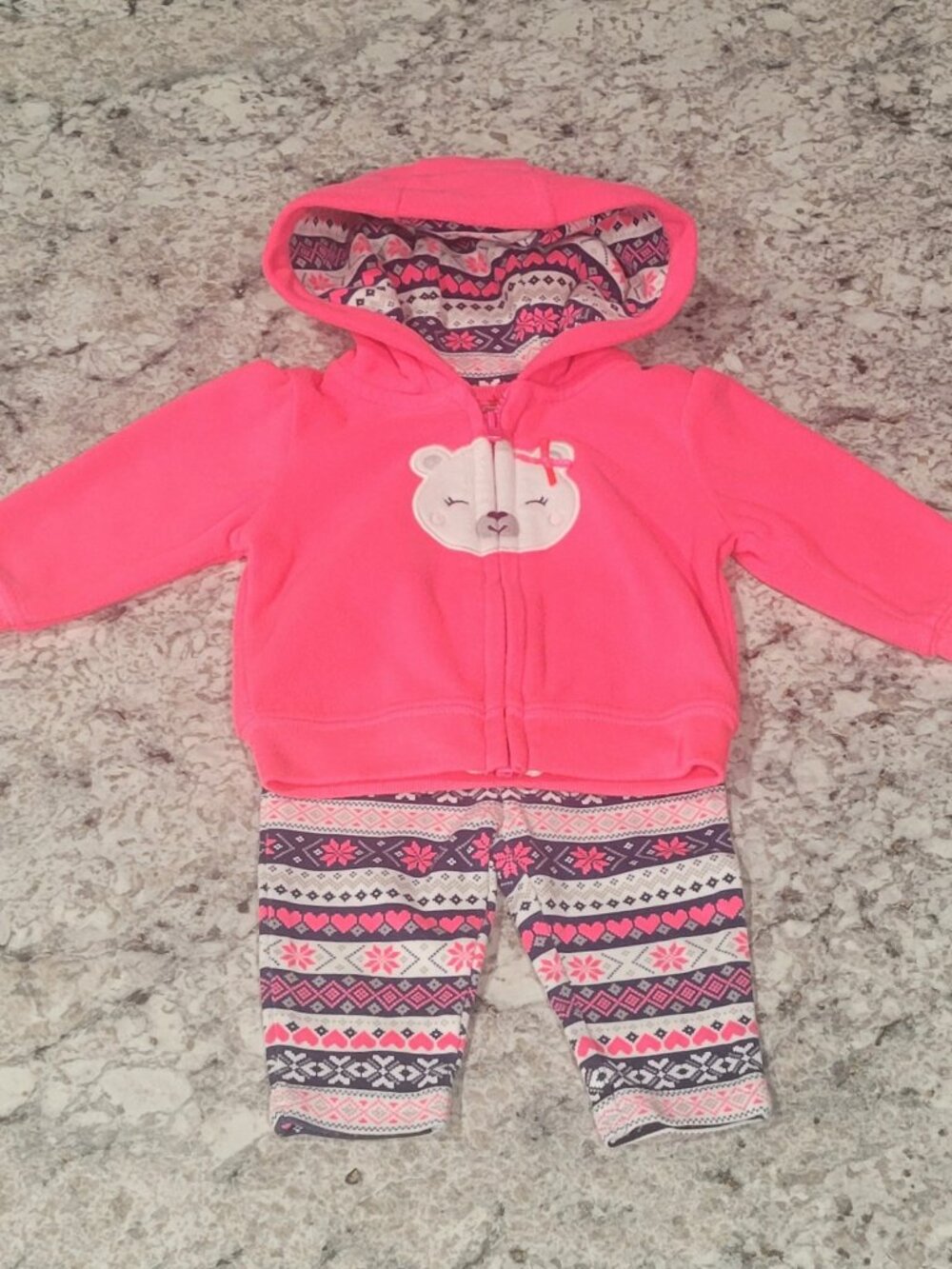 Carter's Just One You NB 2 Pc Bear Hoodie Leggings Set Pink Fair Isle Baby Girl